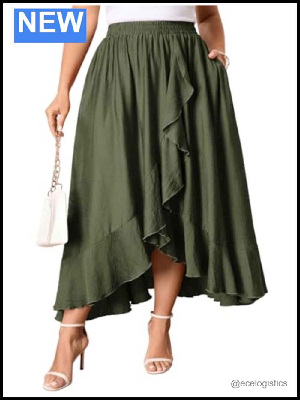 Plus Size High Waisted Ruffle High Low Maxi Skirt with Pockets